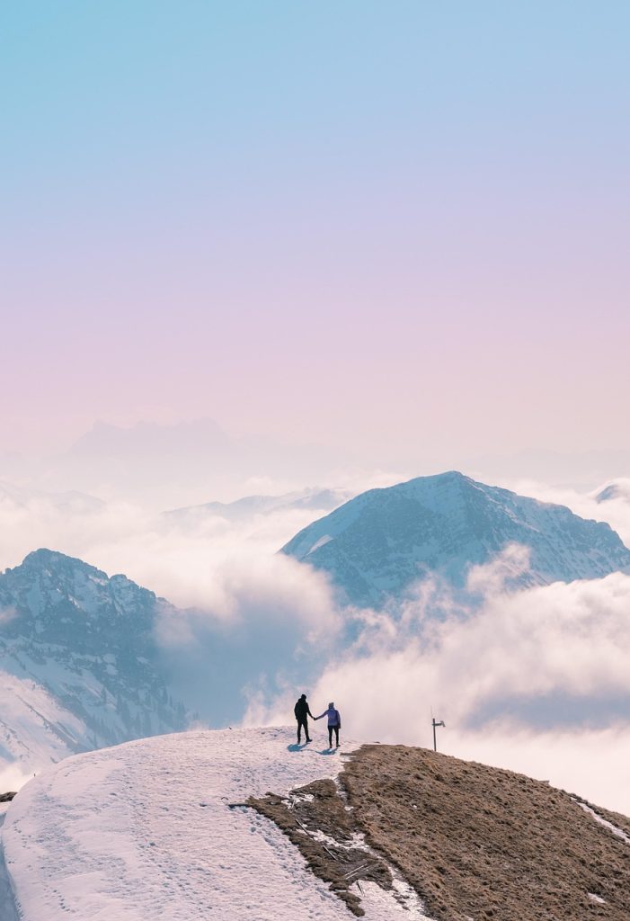 mountains, snow, trail, couple, sunset, sunrise, ice, frost, clouds, landscape, sky, winter, nature, iphone wallpaper, phone wallpaper, aesthetic wallpaper, phone wallpaper, phone wallpaper, phone wallpaper, phone wallpaper, phone wallpaper